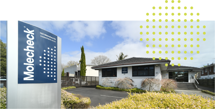 Exterior shot of the Molecheck Auckland office with the sign in the foreground